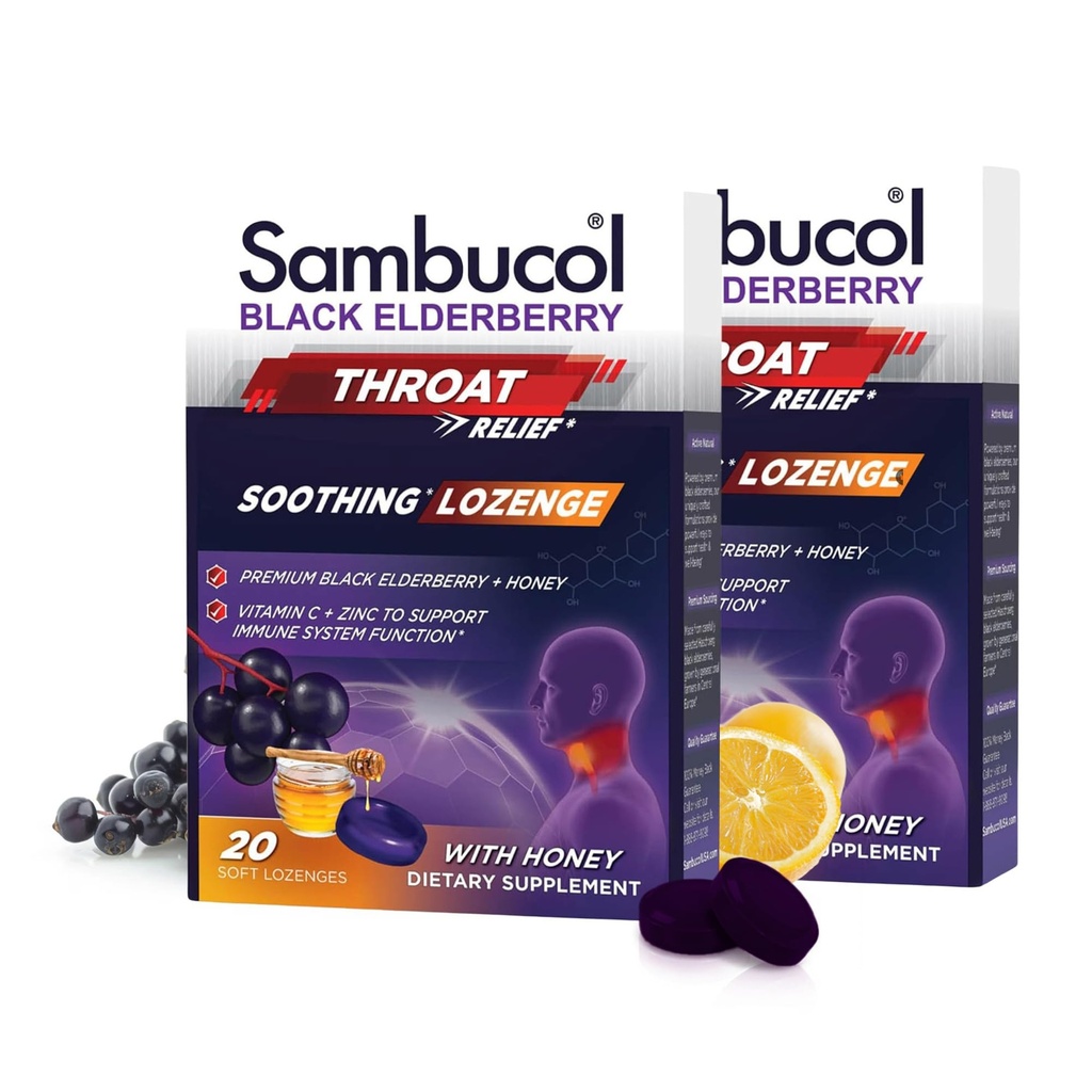 Sambucol Black Elderberry Throat Lozenge - con miel, vitamina C & Zinc, Elderberry Lozenges Sore Throat &amp; Cough, Soothes Scratchy Throat, Supports Immunity, Soft &amp; Chewy - 20 Conde, 2-Pack
