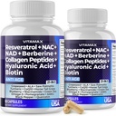 Vitamax Resveratrol NAD+ Berberine Hyaluronic Acid - Biotin Grape & Blueberry + NAC - Collagen Peptides - Hair, Nail, Skin & Joint Supplement - 21-in-1 Mujeres y Hombres - Made in USA - 120 Count