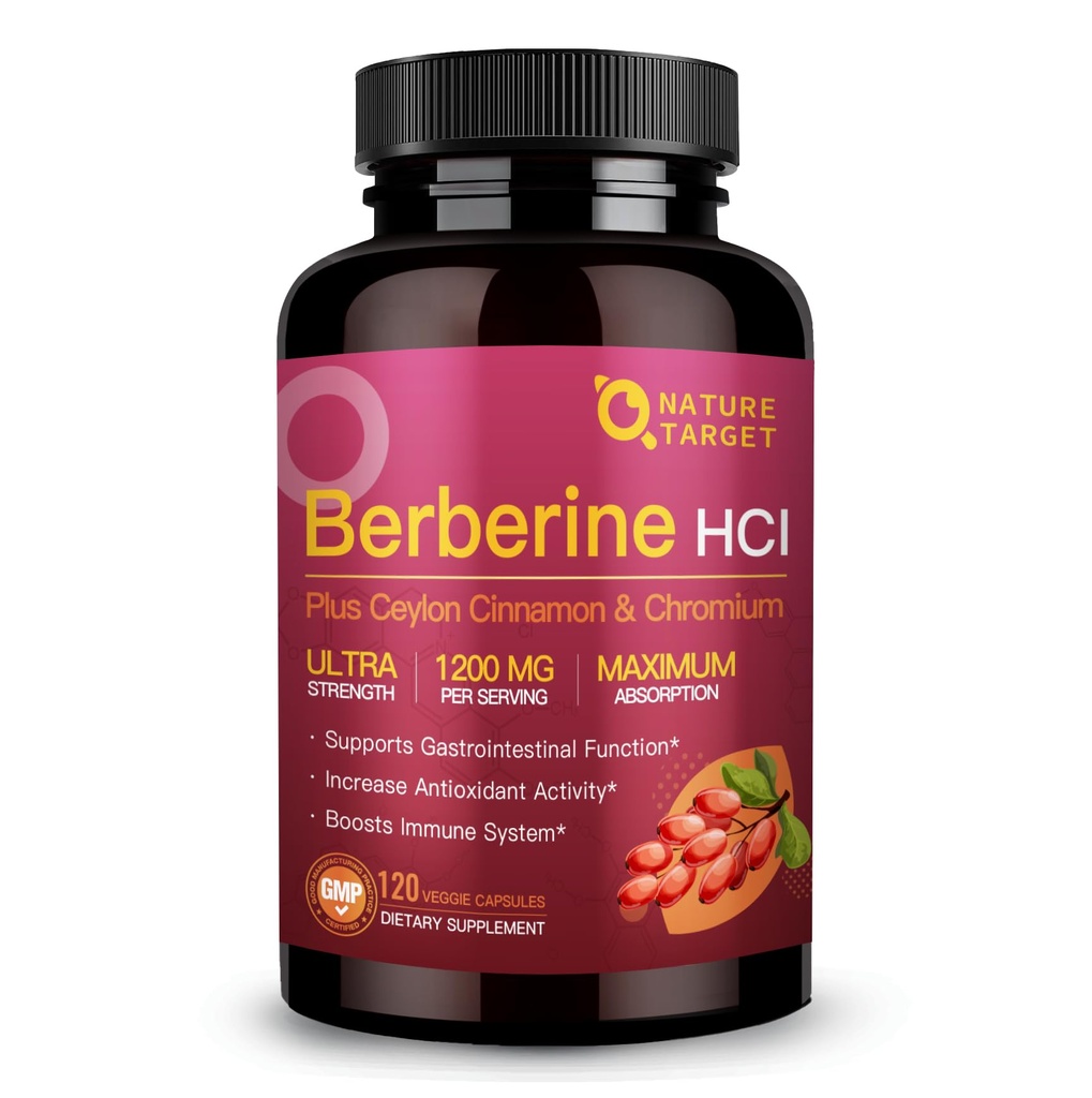 NATURE TARGET Berberine HCL 1200mg, Berberine Supplement with Ceylon Cinnamon, Chromium - Supports Immune, Gastrointestinal & Digestive Health, Non-GMO, 120 Capsules