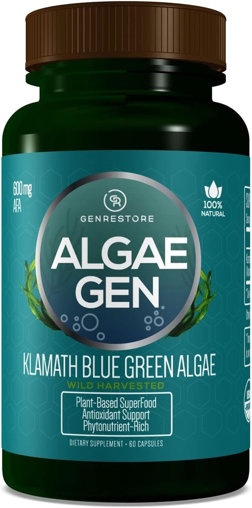Gen Restore Natural AFA Stem Cell Celulas Madres Klamath Blue - Alga Verde Más Eficaz que Spirulina o Clorella Phytonutrient- Rich, SuperFood 600mg Aphanizomenon Flos-Aquae