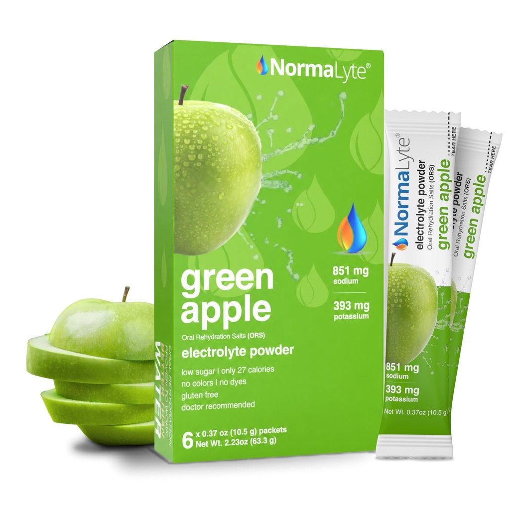 NormaLyte Oral Rehydration Salts- Pack of 6 (Apple) ← Energy Supplements, Electrolytes Packets, Potassium Supplement, Hydration Sachet, No Preservatives, Vegan, Dehydration