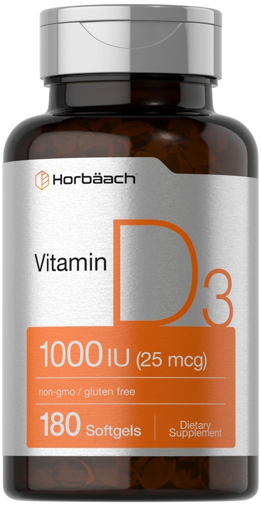 Horbäach Vitamina D3 1000IU (25mcg) Softgels Silencio 180 Conde Silencio Fórmula de alta potencia