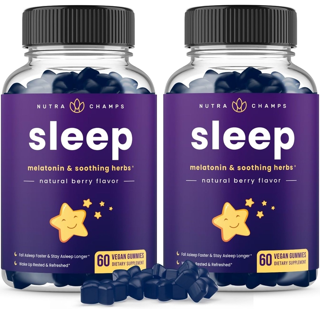 NutraChamps Gummies de sueño para adultos y niños, Melatonin Gummies con manzanilla, Valerian &amp; L Theanine, Vegan Childrens Melatonin 3mg, 1,5 mg, o 6mg (Pack of 2, 120 Gummy)