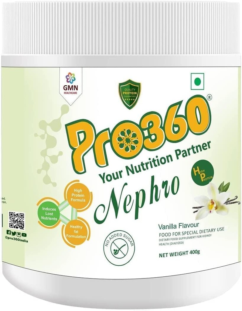 Pro360 Nephro HP - Cuidado de la diálisis Bebida de proteínas nutricionales (Vanilla sabor) No Añadido Azúcar, Suplemento dietético especial para el riñón/salud renal, 400 Gm