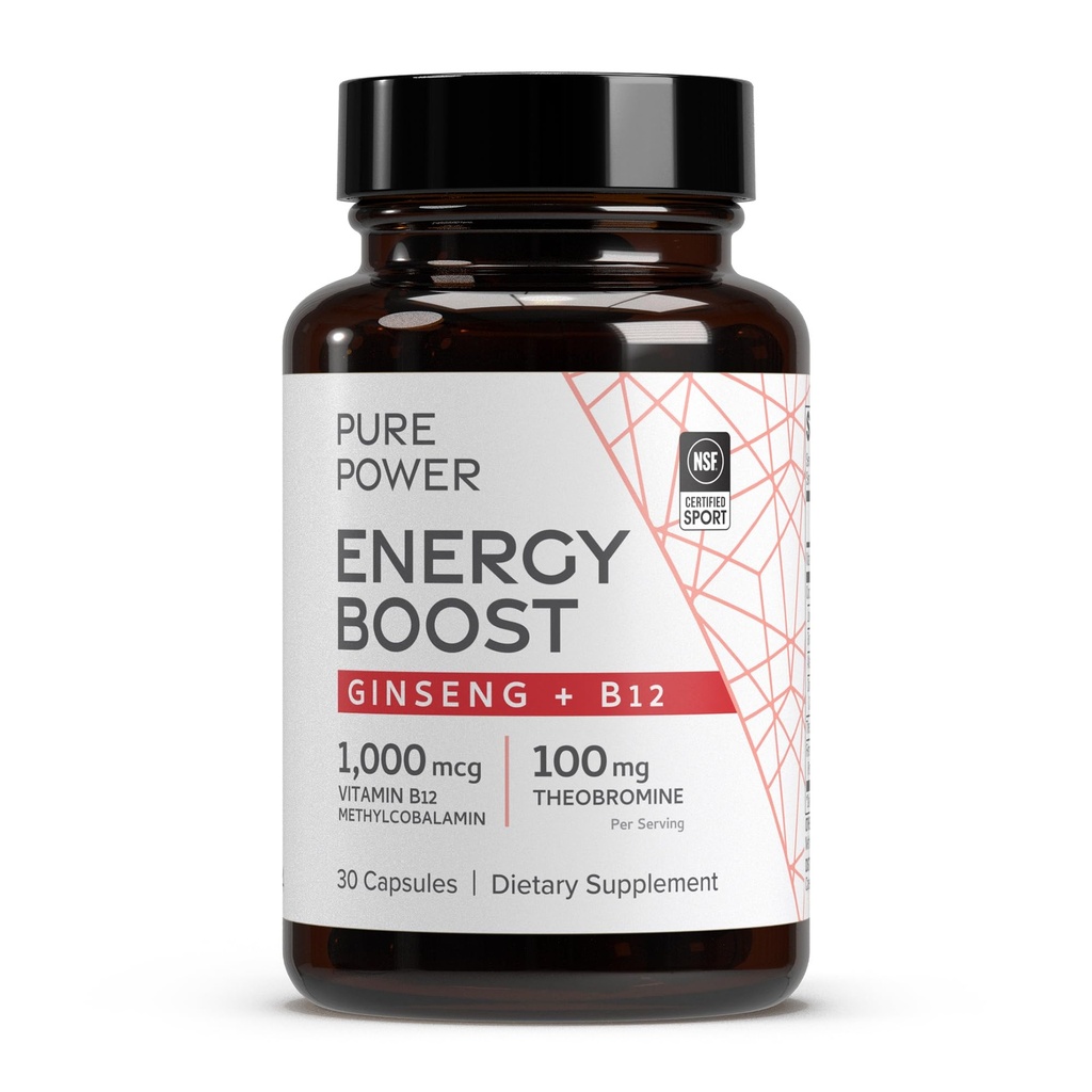 Dr. Mercola Pure Power Energy Boost with Ginseng + B12 - Clean Plant-Based Energy Support - Korean Ginseng & Cocoa Extract - Methylcobalamin Vitamin B12 Supplement - 30 Capsules