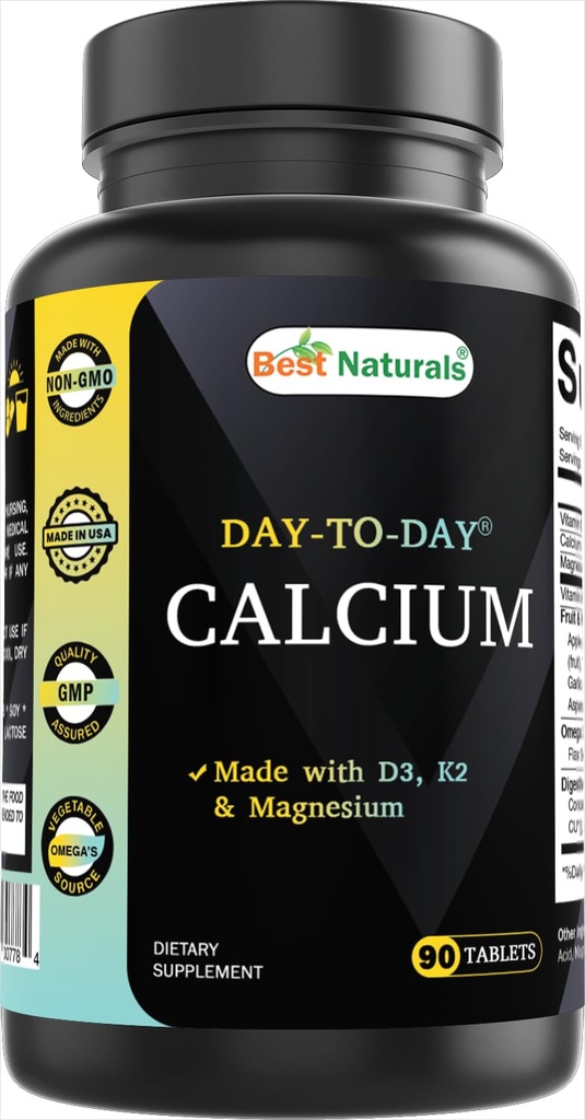 Mejores Naturales Calcio con D3 K2 Magnesio 90 Tabletas - Hecho con Enzima Digestiva, Probióticos, Omega Blend