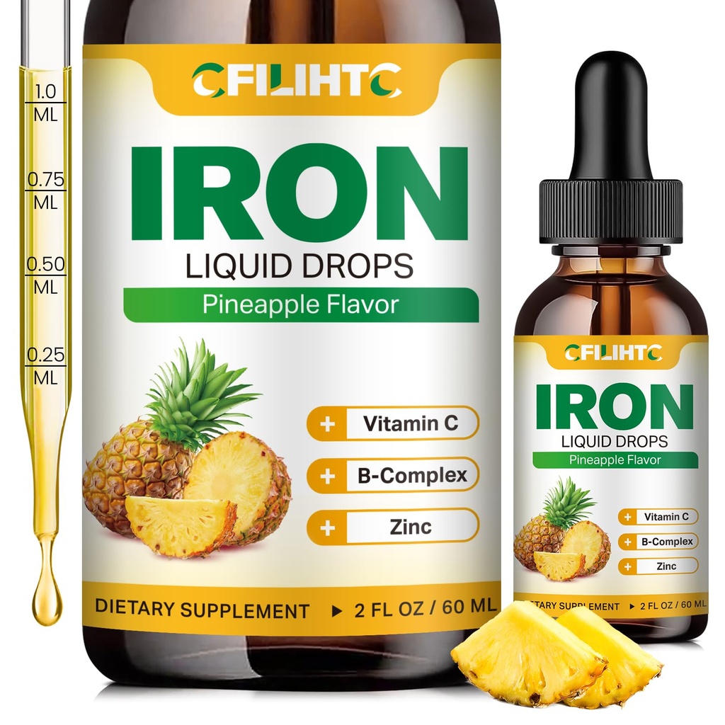 Suplemento de Hierro Líquido para Mujer Hombres &amp; Niños gotas de hierro multivitamina con folato, vitamina C, B6, B12, zinc para la anemia, deficiencia de hierro, constructor de sangre, energía - sabor a piña natural, Vegan 2 Fl Oz