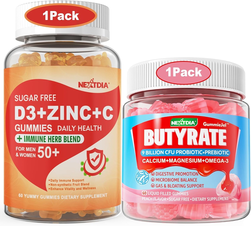 Azúcar Vitamina C + D3 + Gummies Zinc para Adultos 50 + Gummies Butyrate con Probiótico + Prebiótico + Postbiótico