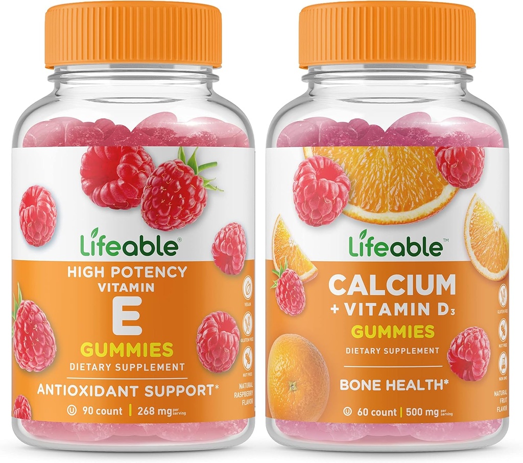 Vitamina E + Calcio con Vitamina D, Gummies Bundle - Gran Tasting, Suplemento de Vitamina, Gluten Gratis, GMO Gratis, Chewable Gummy