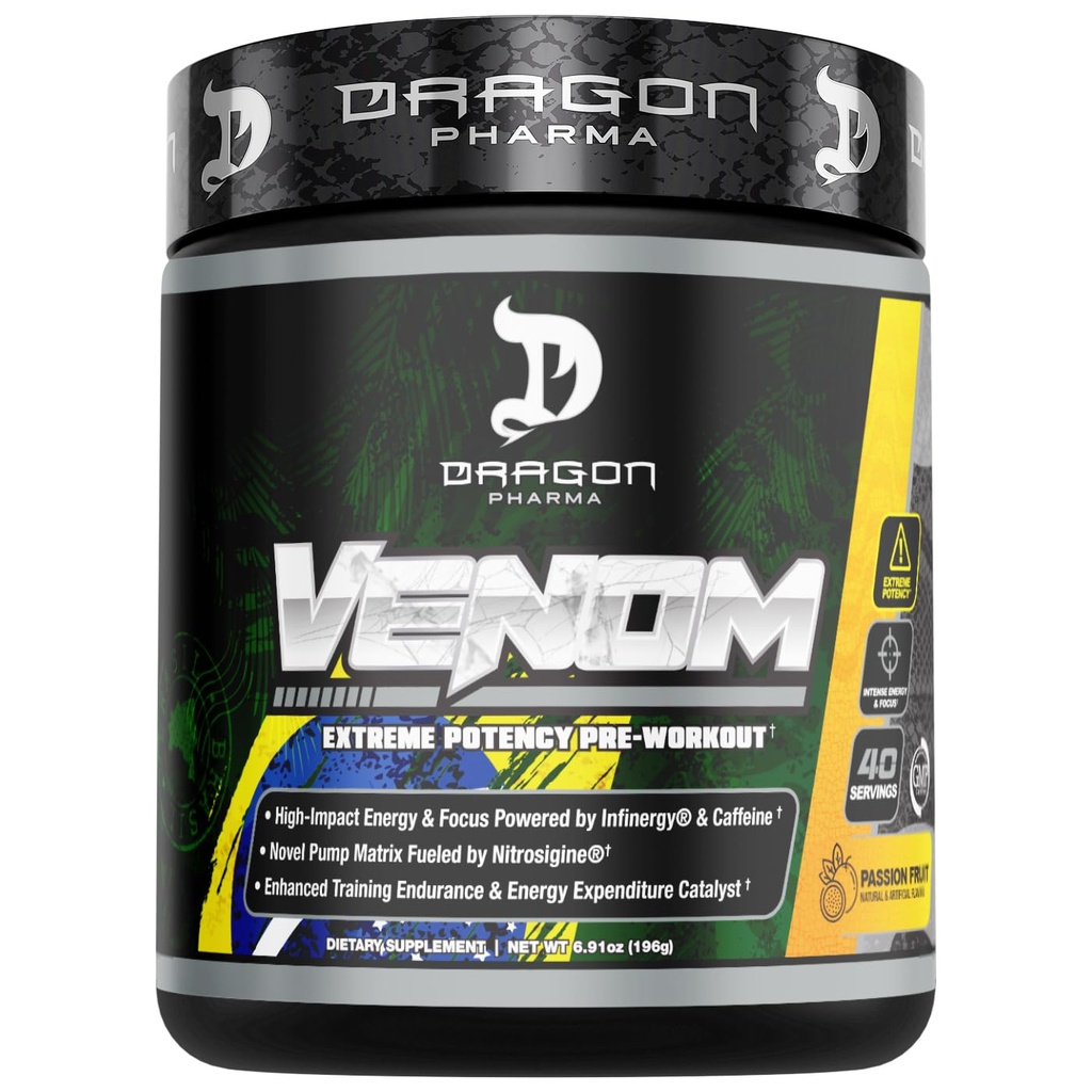 DRAGON PHARMA Venom Extreme Potency Pre-Workout, Laser Sharp Focus + Energy, Intens Performance, Proven Ingredients for Enhanced Vasodilation & Endurance (40 Servings, Passion Fruit)