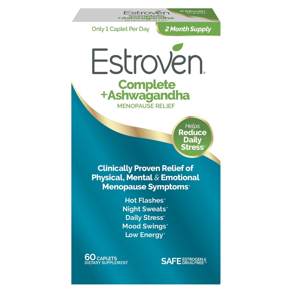 Estroven Complete + Ashwagandha Multi-Symptom Menopause Suplemento para Mujeres - 60 Ct. - Ingredientes de Probación Clínica Proveer Alivio de la Menopausa &amp; Sudaderas de la noche + Hot Flash Relief* - Drug-Free &amp; Non-GMO