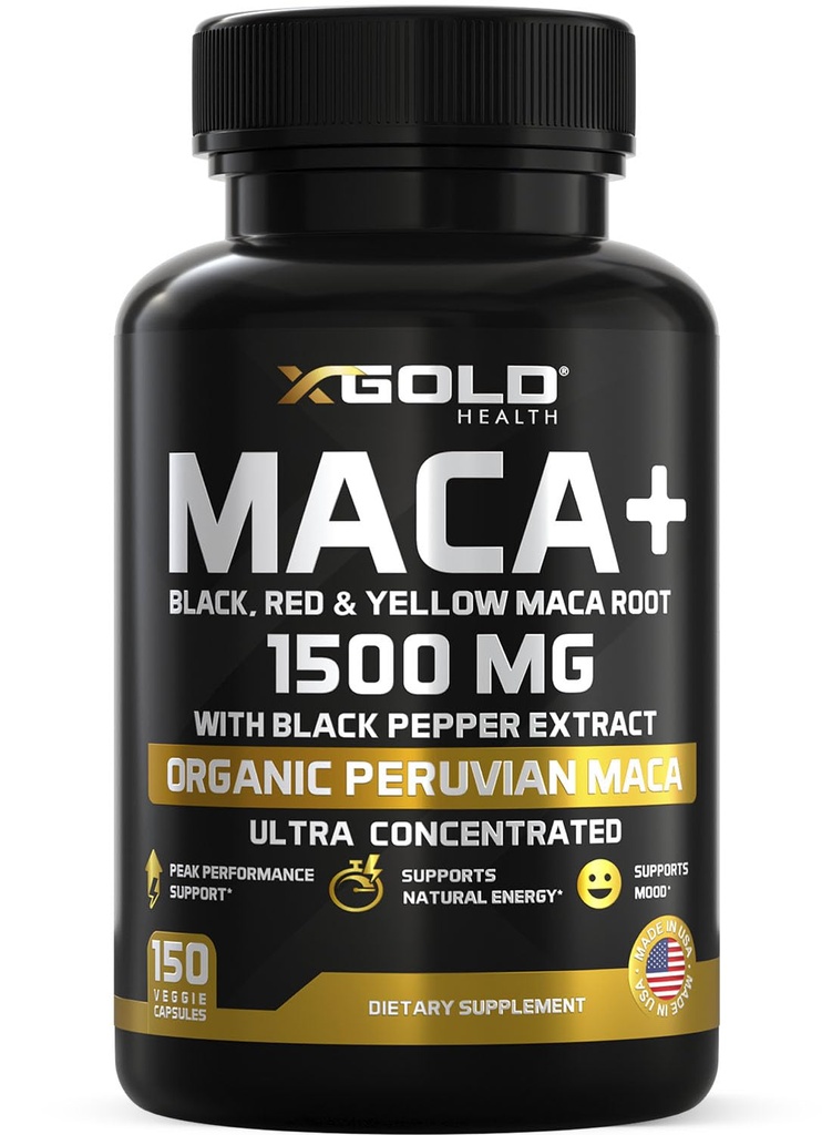 X Gold Health Organic Maca Root Powder Capsules 1500mg con Black TEN Red &amp; Amarillo Peruano Maca Root Extracto Gelatinized, Energy &amp; Mood Suplemento para Hombres &amp; Mujeres + Black Pepper para mejores beneficios