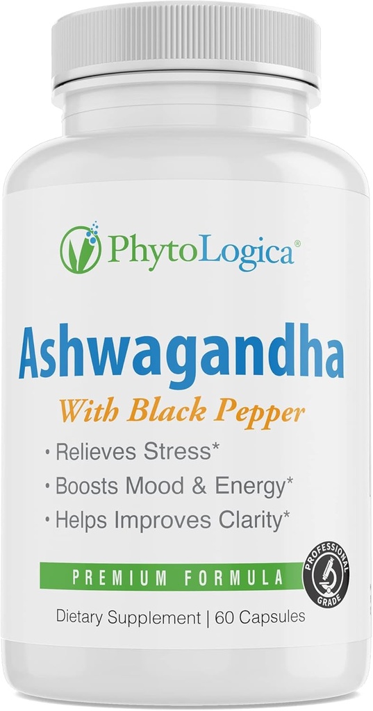 Organic Ashwagandha Cápsulas con Pepper Negro, soporta hormonas, no GMO, libre de gluten, vegano, natural, 60 cápsulas