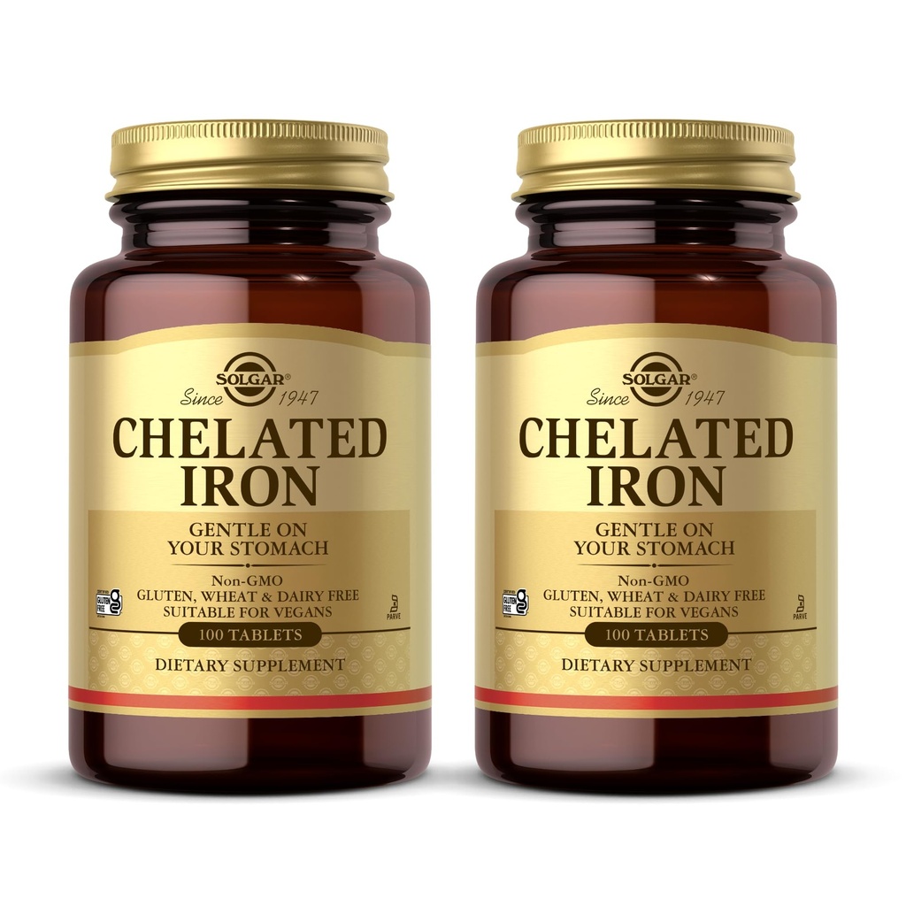 Solgar Hierro Chelated - 100 Tablets, Pack of 2 - Gentle on Your Stomach - Non-GMO, Vegan, Gluten Free, Dairy Free, Kosher - 200 Total Servings