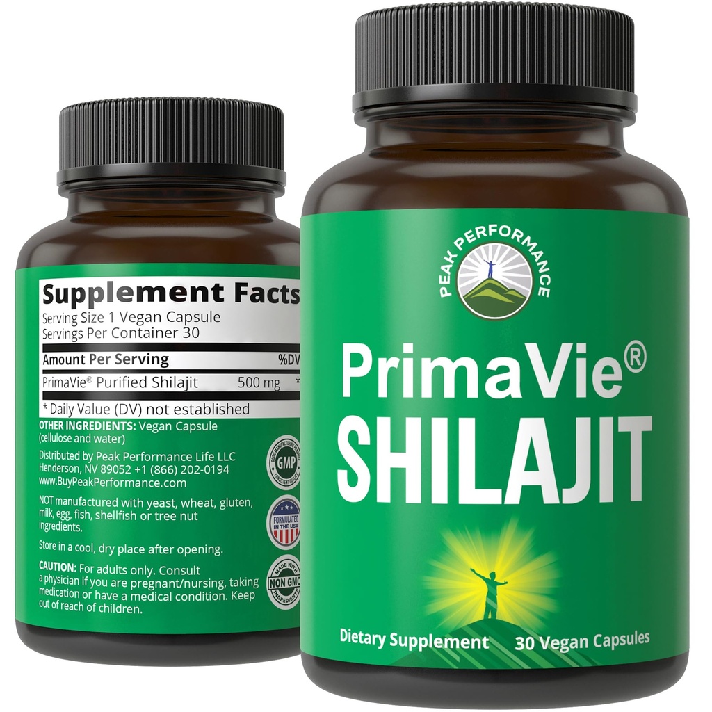 PrimaVie Purified Shilajit Capsules Made with Pure Shilajit Powder. Suplemento natural clínicamente probado con 40+ Minerales Trace, Ácido Fulvico. Tablas Soporte Mitocondria + Función cerebral