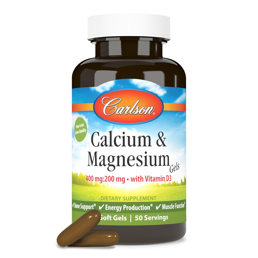 Carlson - Cal-Mag Gels, 2:1 Calcium a Magnesium Ratio, Bone Support, Energy Production, 100 Soft gels
