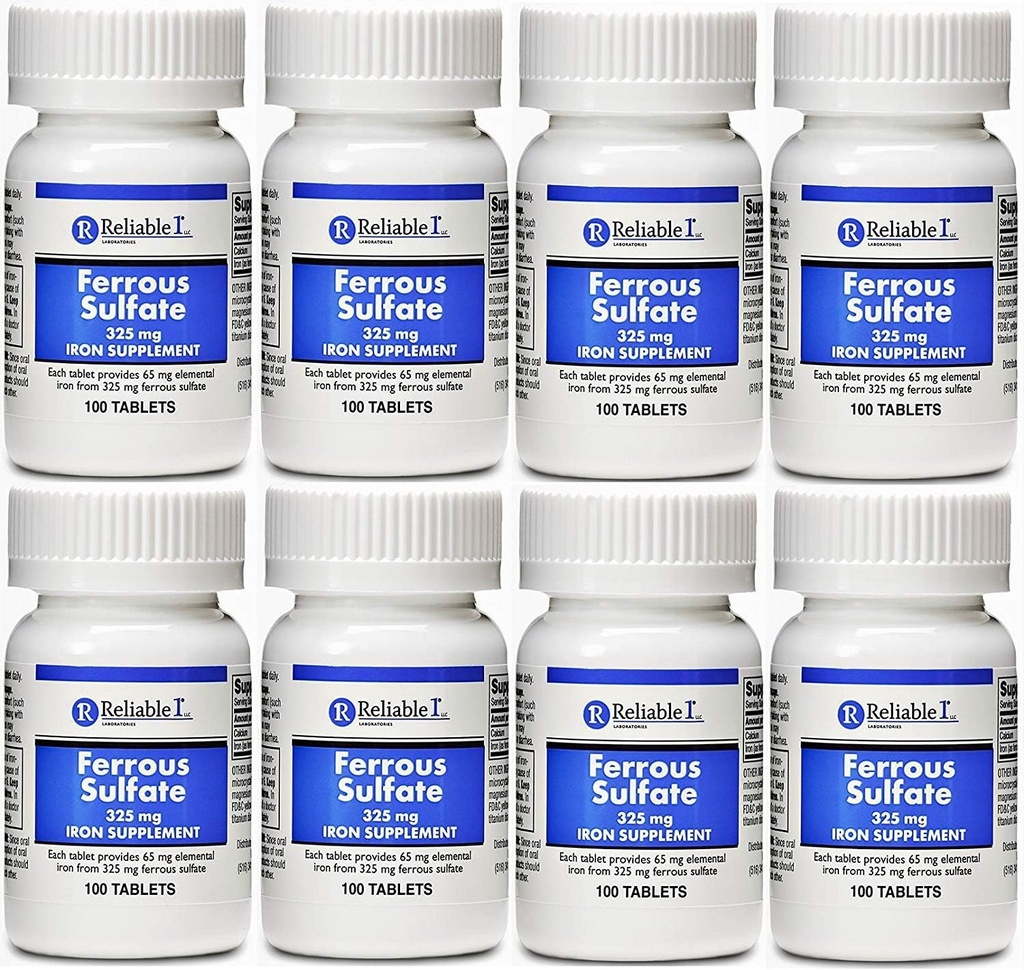 Ferrous Sulfate Iron 325 mg Genérico para Feosol 100 Tablets PACK de 8