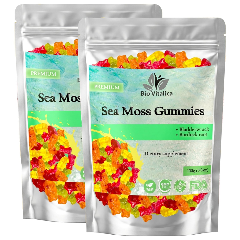 BIO VITALICA Sea Moss Gummies – con Fledderwrack & Burdock Root – Wildcrafted Gel + Powder – Vegan, Keto, Non-GMO, Gluten-Free – Fruity Mineral-Rich Gummies – 50 Conde (2 Pack)