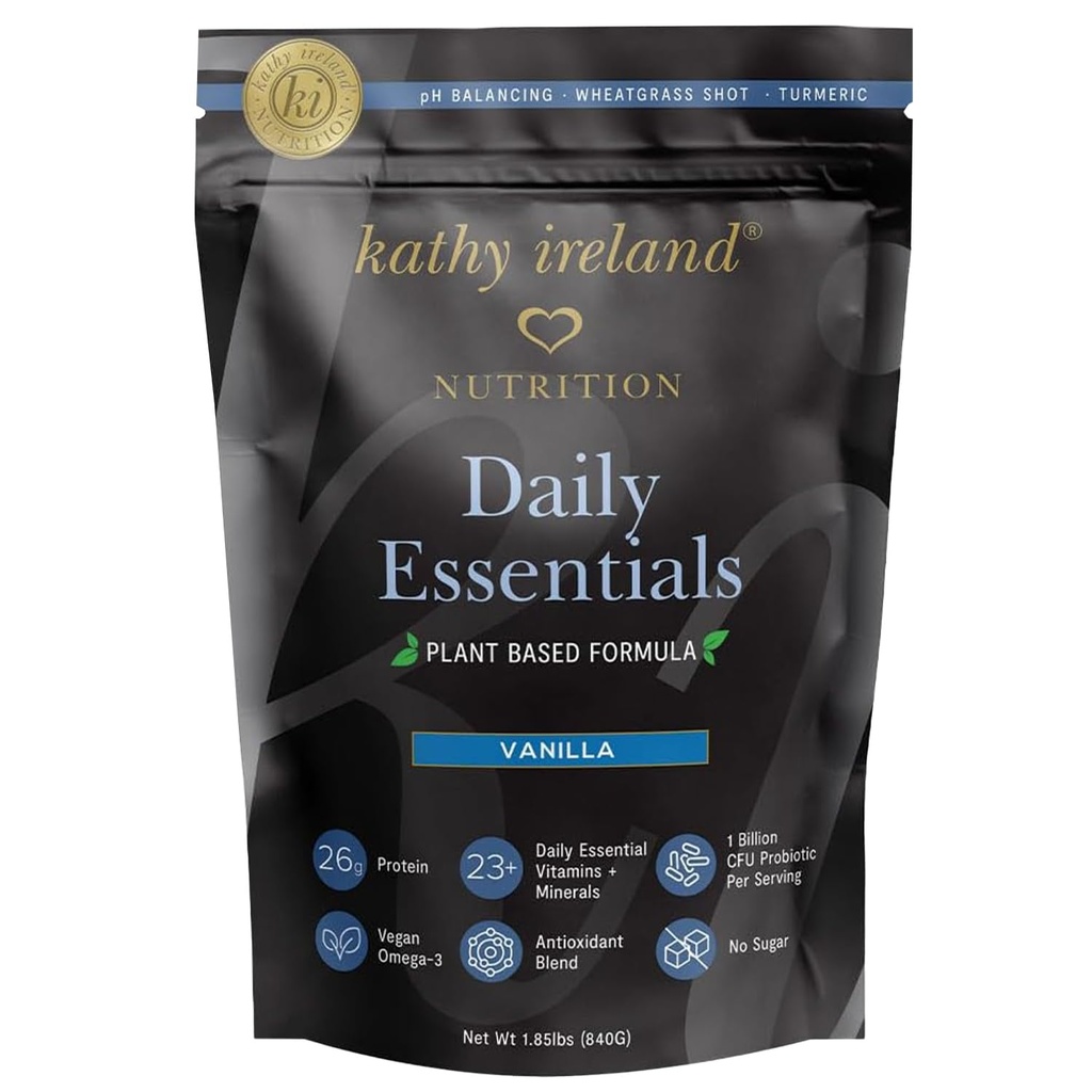 Kathy Irlanda Polvo de vainilla proteína de base vegetal, 26g Proteína, Recambio de carne baja, Pea, Mung &amp; Fava Bean Blend con Probióticos, Vitaminas & Minerales, 1,85 lbs
