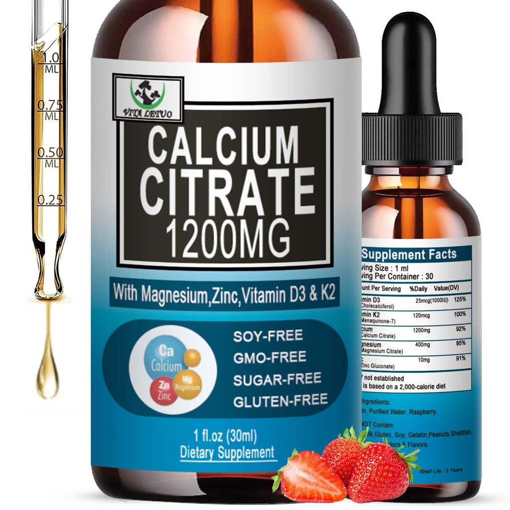 Calcio Citrate Suplemento,1200mg Calcio con gotas de vitamina D3 para Bone,Teeth,Colón, Salud cardiovascular, Alta Absorción Calcio líquido Citrate 400mg Plus Zinc Vitamina K2,Vegan,30 Servimientos