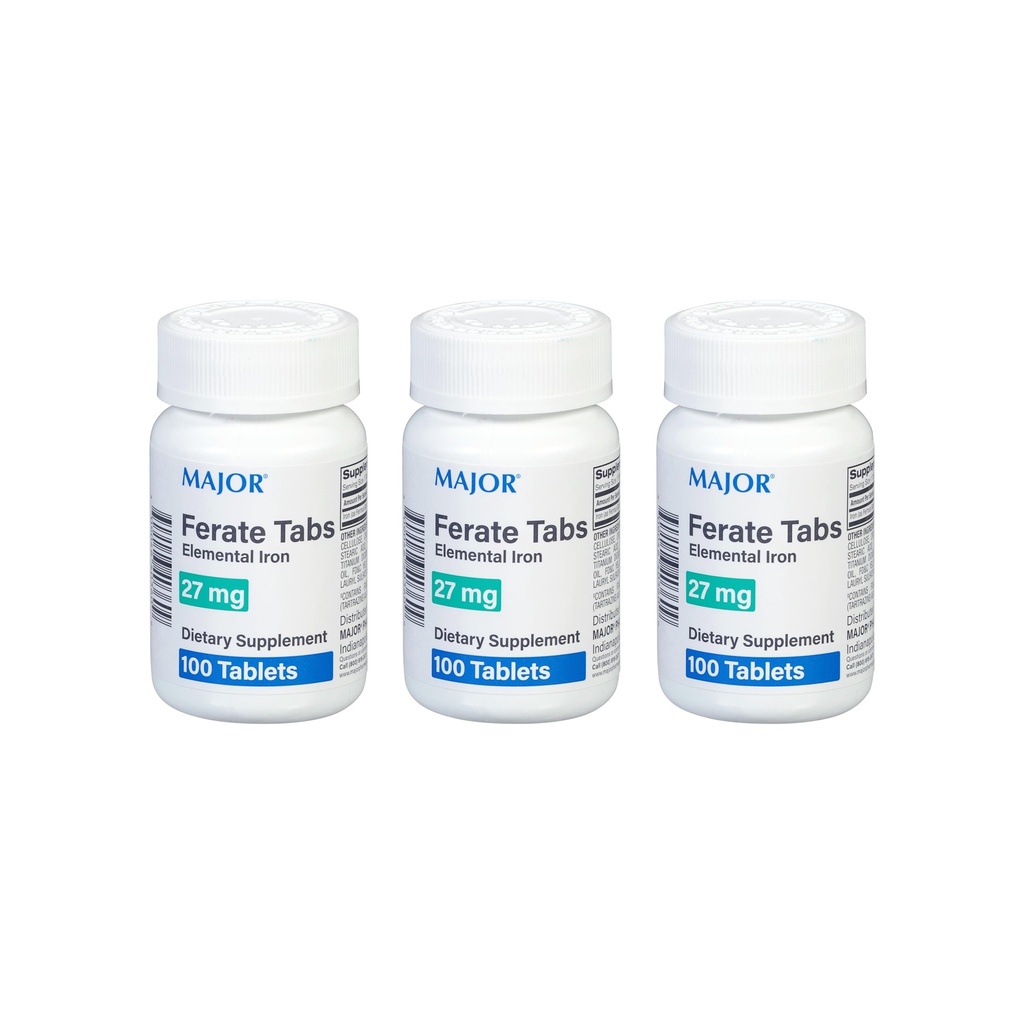 Major 27 mg Tabs de Ferate - Ferrous Gluconate Elemental Iron Suplemento dietético - 100 Cuenta (3 Pack)