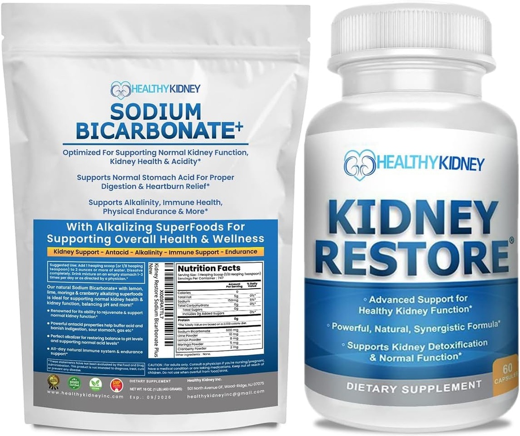 Restauración del riñón Bicarbonato biológico Suplemento de Alkaline 1LB Cleanse 60 Caps Bundle – Apoya la salud del riñón, Neutraliza ácido estomacal, Superalimentos alcalinos, Apoyo inmunológico, Antiácido &amp; Vitaminas f