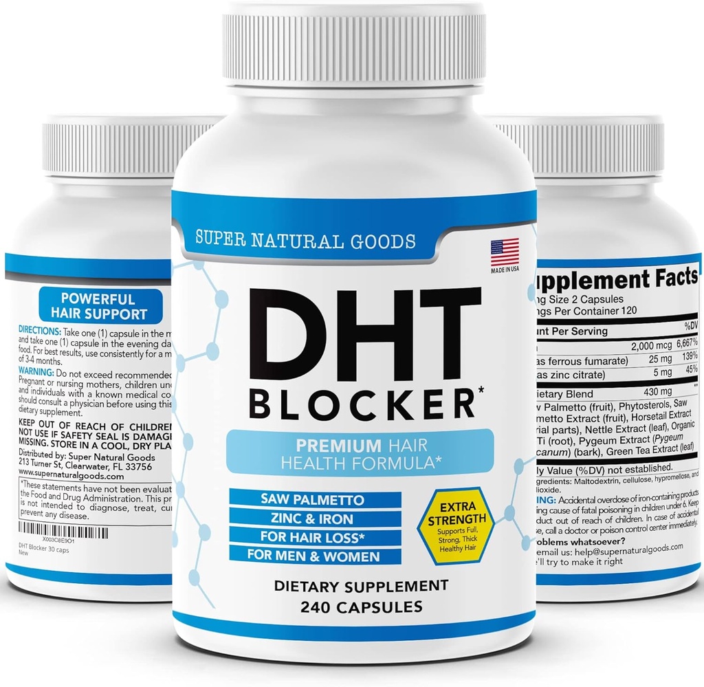 DHT Blocker - Suplemento de Crecimiento del Pelo para el Blanqueo Genético para Hombres - Ayuda a la Pérdida del Pelo & Estimulado Crecimiento del Folículo con Saw Palmetto, Biotin & Iron - Suplementos de Crecimiento del Folículo Píldoras