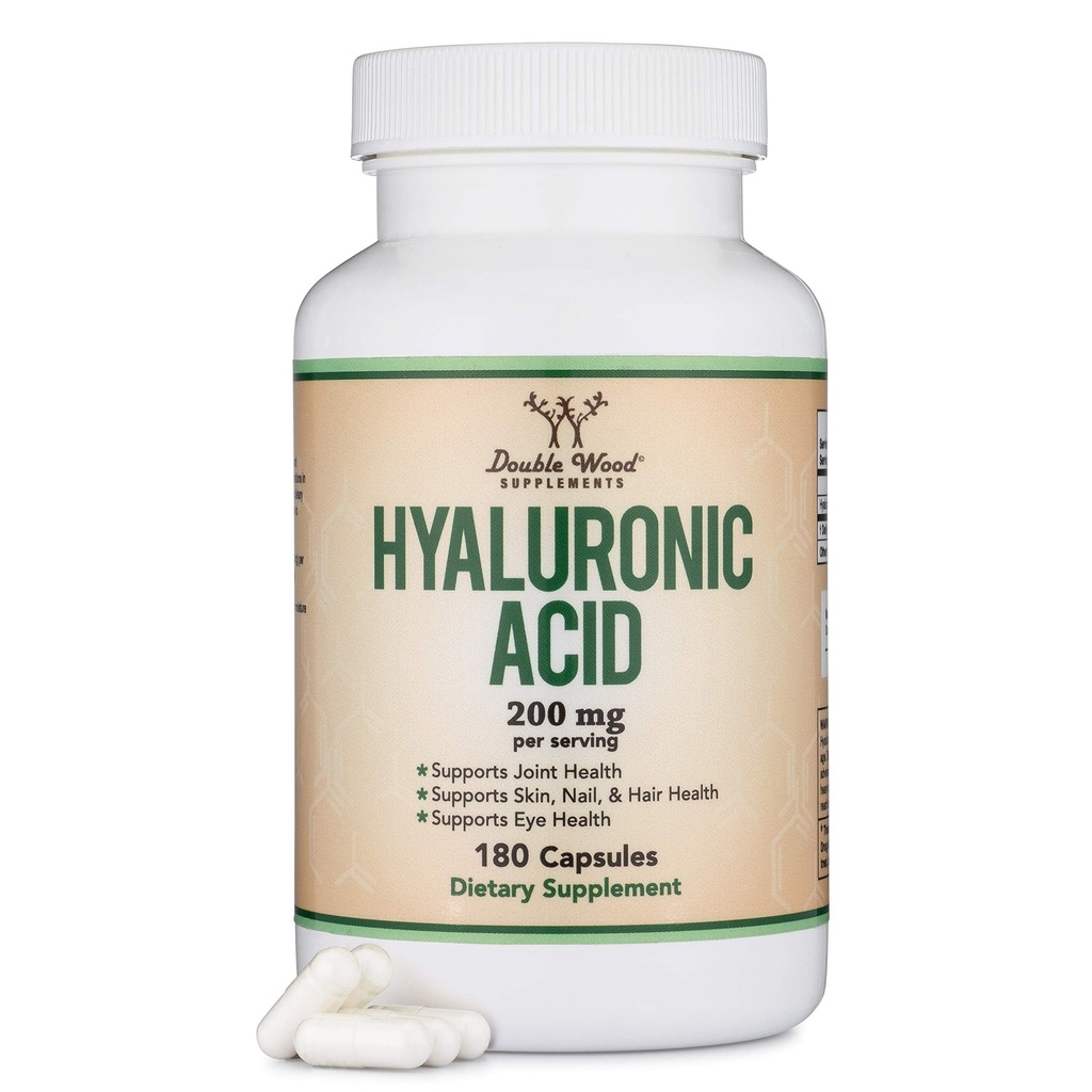 Suplementos de ácido hialurónico -180 cápsulas (Efectos de aumento del ácido hialurónico para la cara) 200 mg por servidumbre para el envejecimiento de la piel y la cara (Acido Hialuronico) Gluten Gratis por madera doble