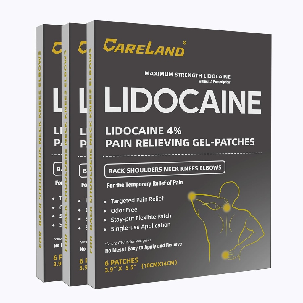 CARELAND Lidocaine Gel Patch, 18 Conde Máximo Patches de Dolor de Fuerza para el Alivio del Musculo en Neck Knee Back and Hoers Unscented Numbing Patch for Soothing Nerves, Joints