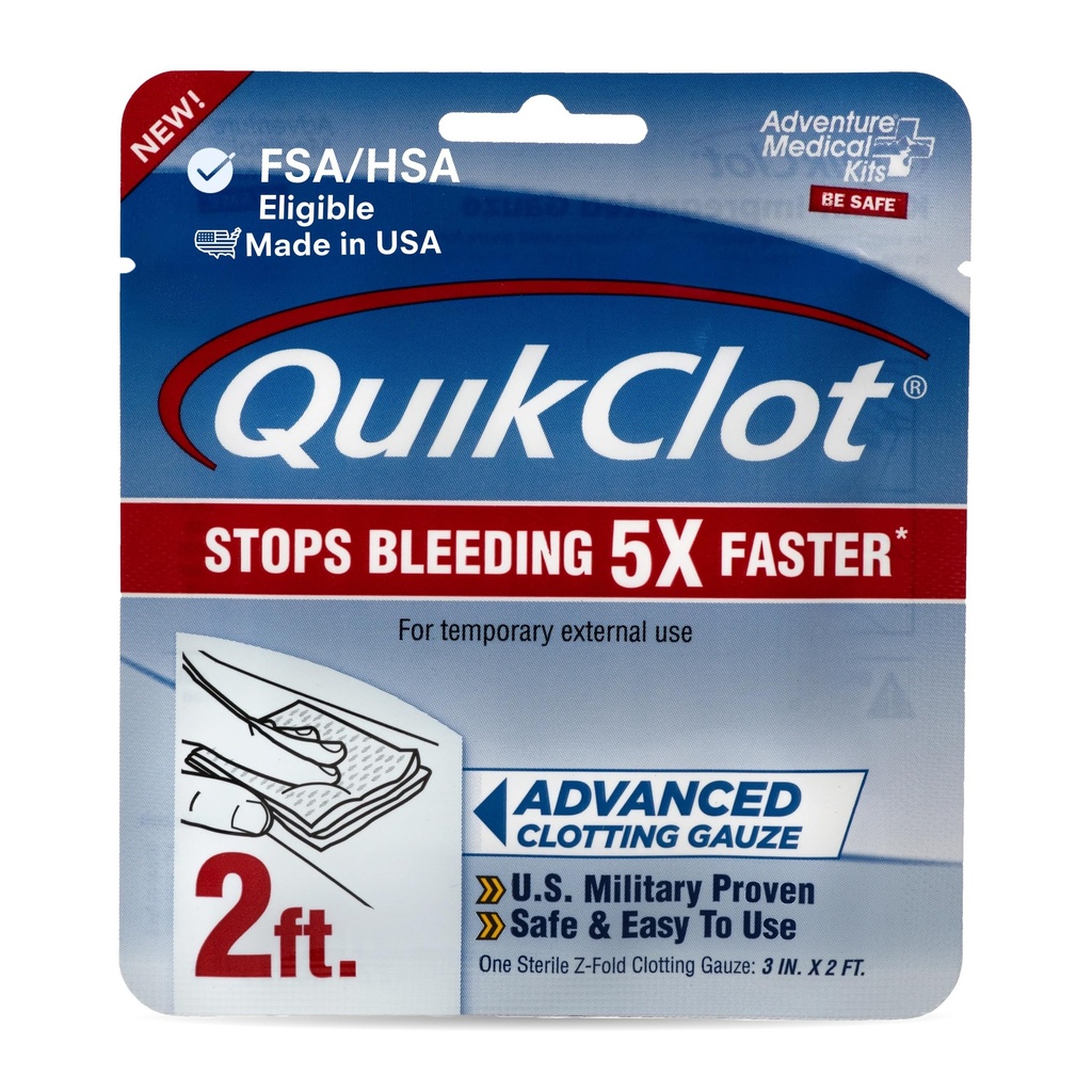 Kits médicos de aventura QuikClot Gauze - Gafas médicas hemotáticas flexibles para kits de supervivencia de emergencia o preparación de desastres &amp; Más - Stops Bleeding Fast with Kaolin - 3" x 24"