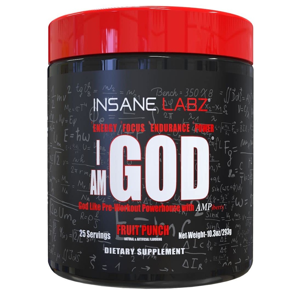 I am God Pre Workout, High Stim Pre Workout Powder cargado con Creatine y DMAE Bitartrate Fueled by AMPiberry, Energy Focus Endurance Muscle Growth,25 Srvgs, Fruit Punch