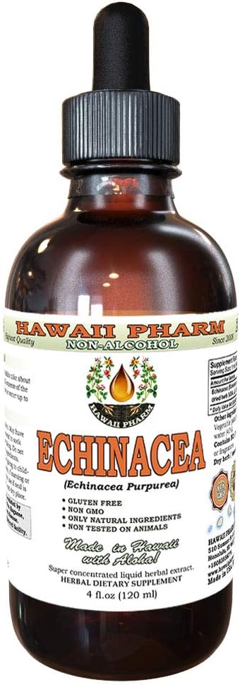 Echinacea Extracto líquido libre de alcohol, Echinacea orgánica (Echinacea Purpurea) Dried Herb Glycerite Hawaii Pharm Natural Herbal Suplemento 4 oz