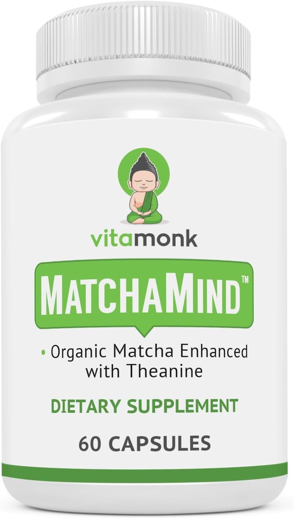 VitaMonk Matcha Capsules con Theanine & Theobromine - Pills Matcha de Japón con 25 mg de Caffeine Natural - para Smooth Energy y Focus Sin Las Jitters - 60 ct
