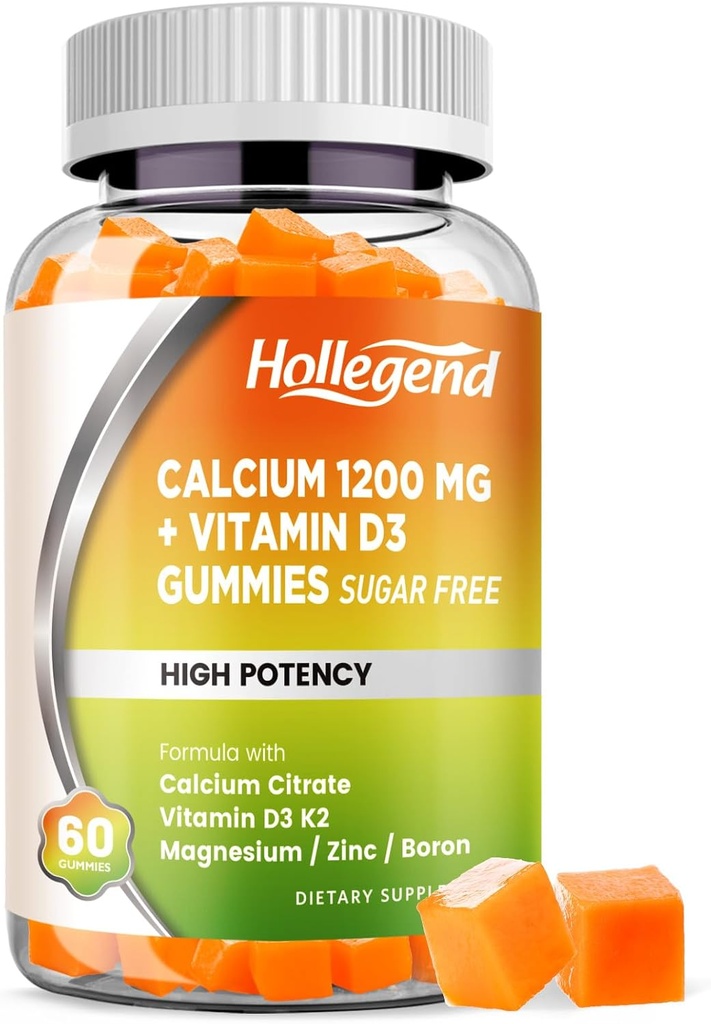 Calcio 1200 mg con vitamina D3 Gummies, Calcio Citrate Chewables con Magnesio Zinc Vitamina K2 Borón, Bone Health, Sugar Gratis, 60 Cuenta