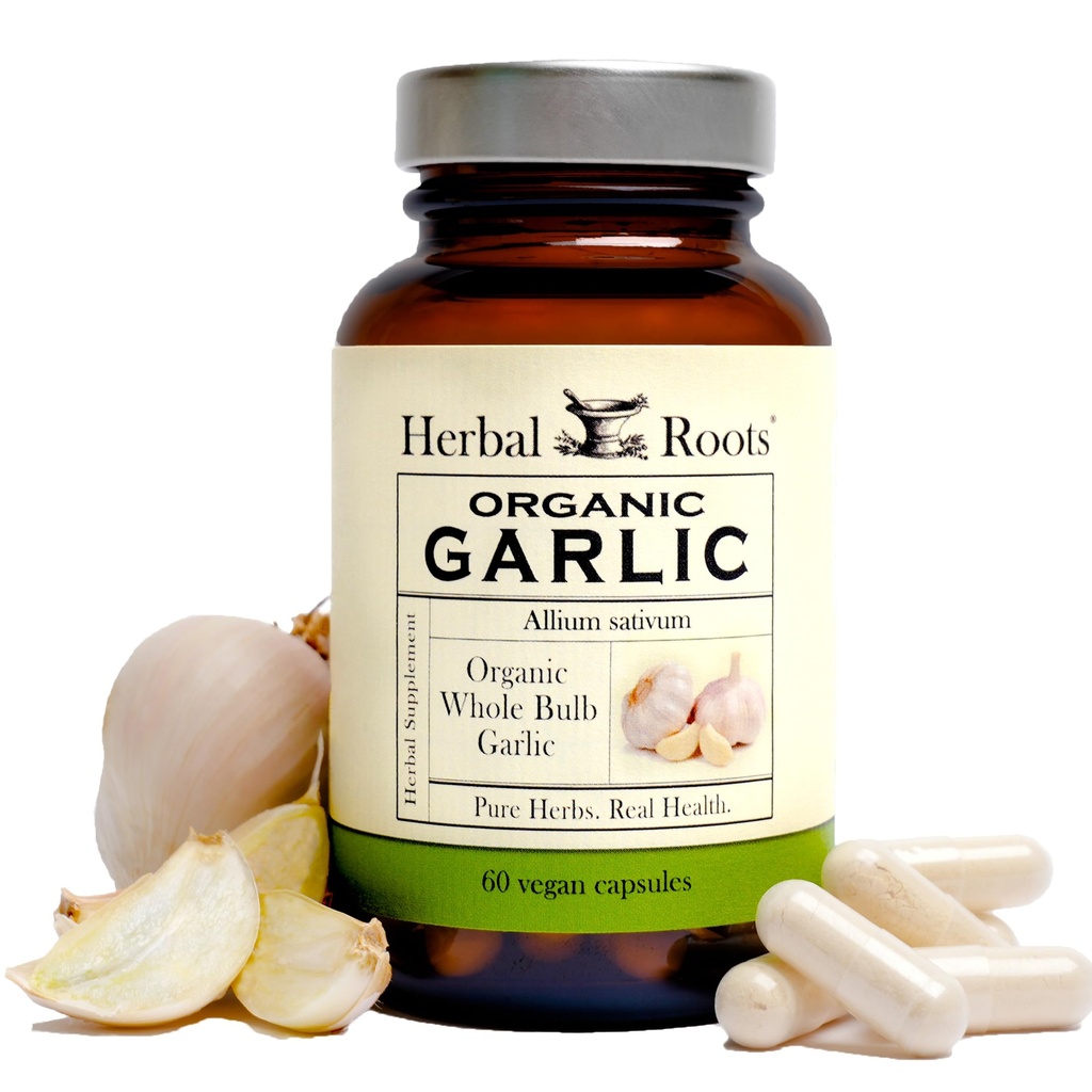 Herbal Roots Píldoras de ajo integrales orgánicos - Potent Extra Strength tención 600 mg - 60 cápsulas orgánicas veganos