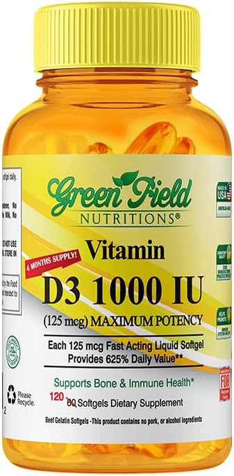 Greenfield Nutritions Halal Vitamin D3 Softgel - High Potency Vitamin D3 1000 IU (125 mcg), 120 Unflavored Mini Softgels - Halal Beef Gelatin D 3 Vitaminas, Soporta Inmune Bone Teath Brain and Hair