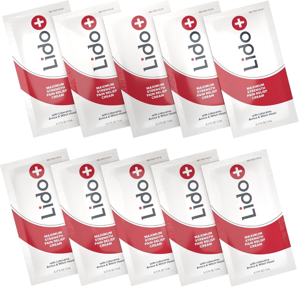 Lido+ 10-Pack Lidocaine Cream Sachets ← Rapid Relief for Joint and Muscle Pain, Doin Relief Cream dura Long-Lasting Formula, Made in USA