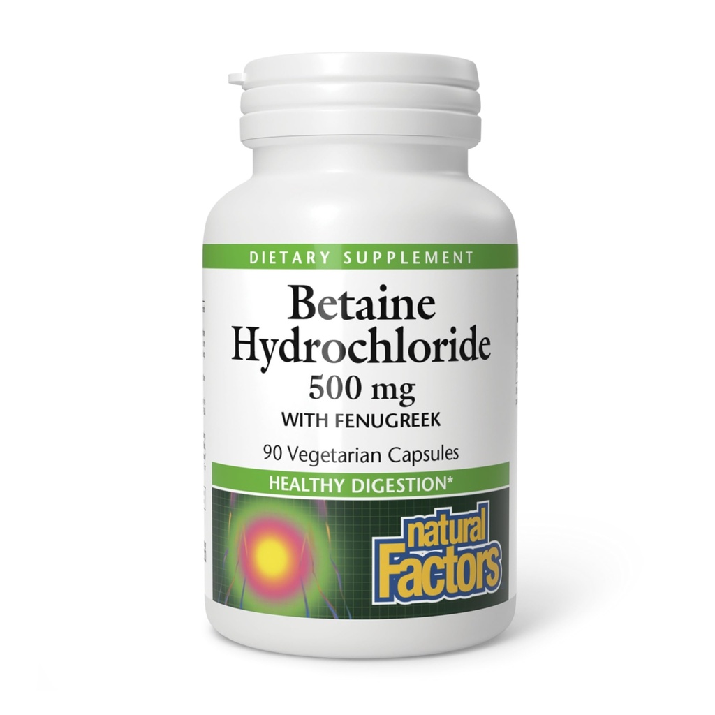 Factores naturales, Betaine HCL 500 mg, soporta la digestión saludable y un microbioma saludable, 90 cápsulas (90 porciones)