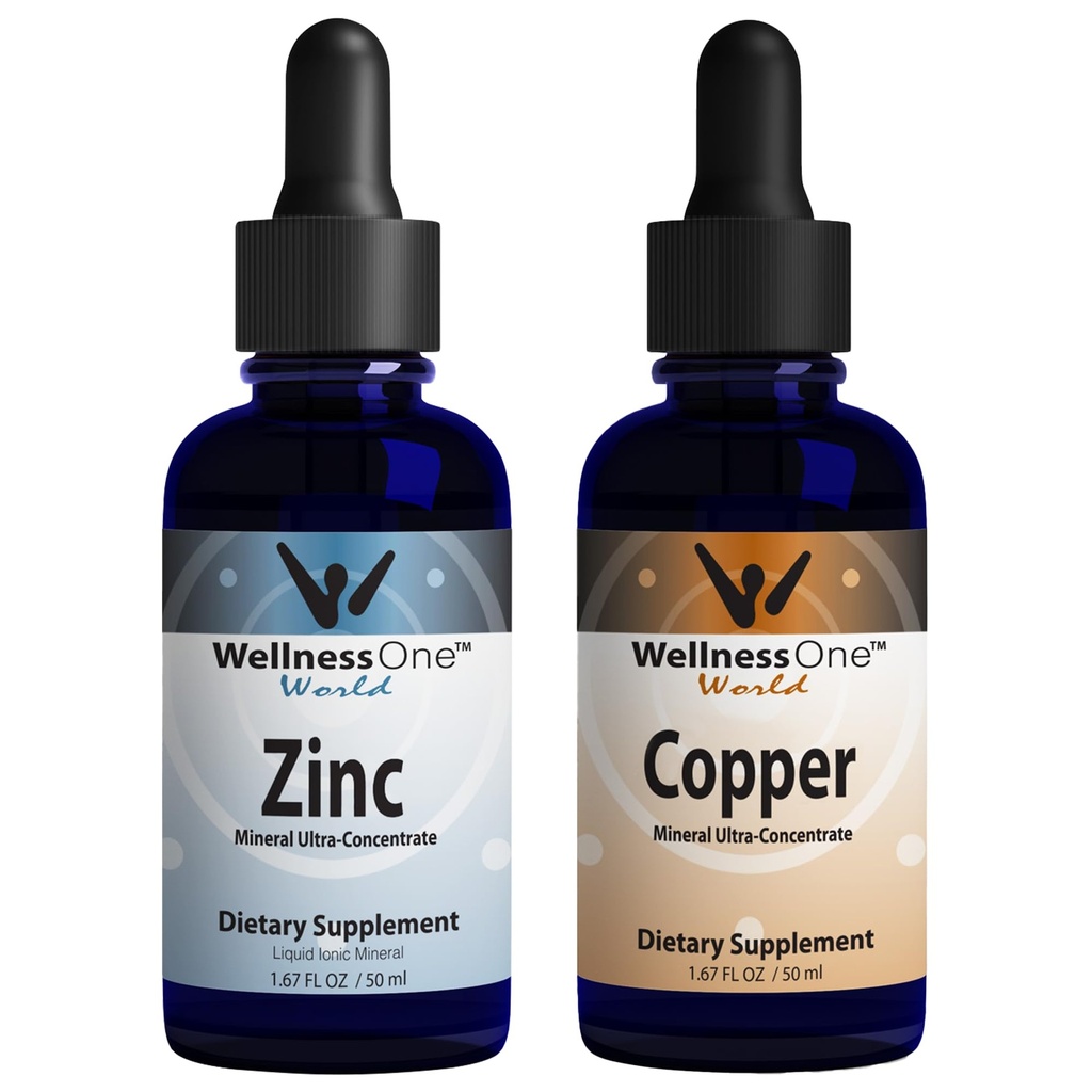 WellnessOne Ionic Liquid Zinc " Liquid Copper - Zinc-Copper Bundle to Support Immune System " Joint, Nerve & Bone Health - 1.67 fl oz Zinc " Copper Liquid Drops