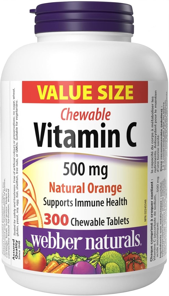 Webber Naturals Vitamina C, 300 Tablas Naranjas Chewable, 500 mg de Vitamina C Por Tabla, Huesos, Dientes, Inmune y Antioxidante