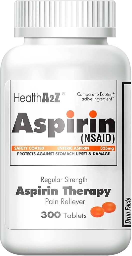 HealthA2Z Aspirin 325mg tención 300 Condes ← Regular Strength ¦ Orange Safety Coated Tablets ← Enteric Aspirin ← Pain Relief ← Reducir el dolor articular  Cramps ← Headache