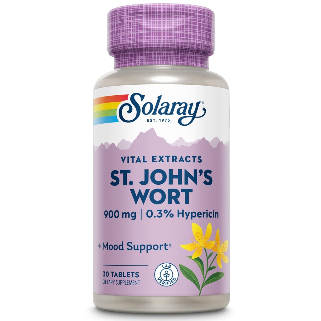 SOLARAY St John's Wort 900 mg, Once Daily Mood Support Supplement, Standardized to 0.3% Hypericin for Brain Health Support and a Balanced Mood, 60-Day Money Back Guarantee TEN 30 Servings TEN 30 Tablets