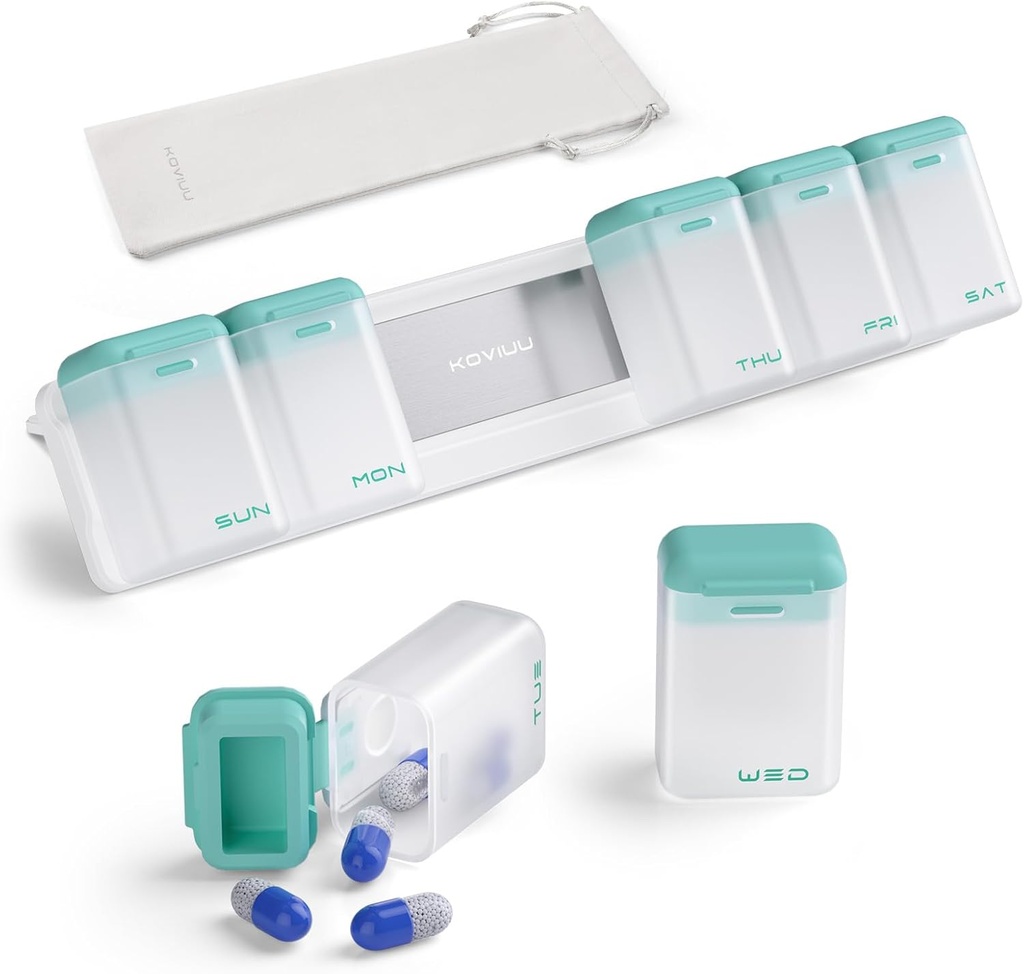 Organizador semanal de píldoras 1 vez al día, caja de píldoras magnéticas 7 día, Caja de carga de viaje extraíble, una vez contenedor de carga diario, dispensador de medicamentos grandes para la medicina, vitamina, suplemento, turquesa