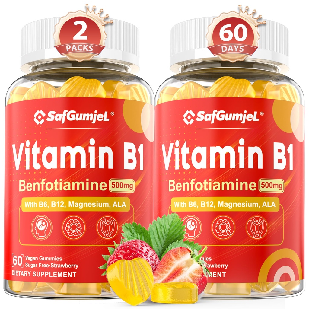 Vitamina B1 Gummies fort Benfotiamine 500mg con Vitamina B6 B9 B12 &amp; Magnesio para Nerve Health, Energy & Metabolism Support ¦ Sugar Free, Non GMO, Vegan, 120 Condes