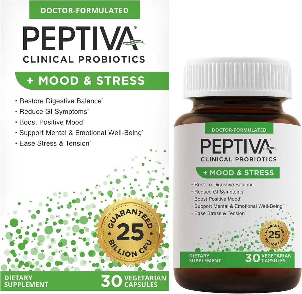 Peptiva Probióticos Mood & Stress - Stress and Mood Support, Digestive Support, Gut Health, 25 Billion CFU, Multi-Strain Probiotics, Lactobacillus Acidophilus, Bifidobacterium - 30 Capsules