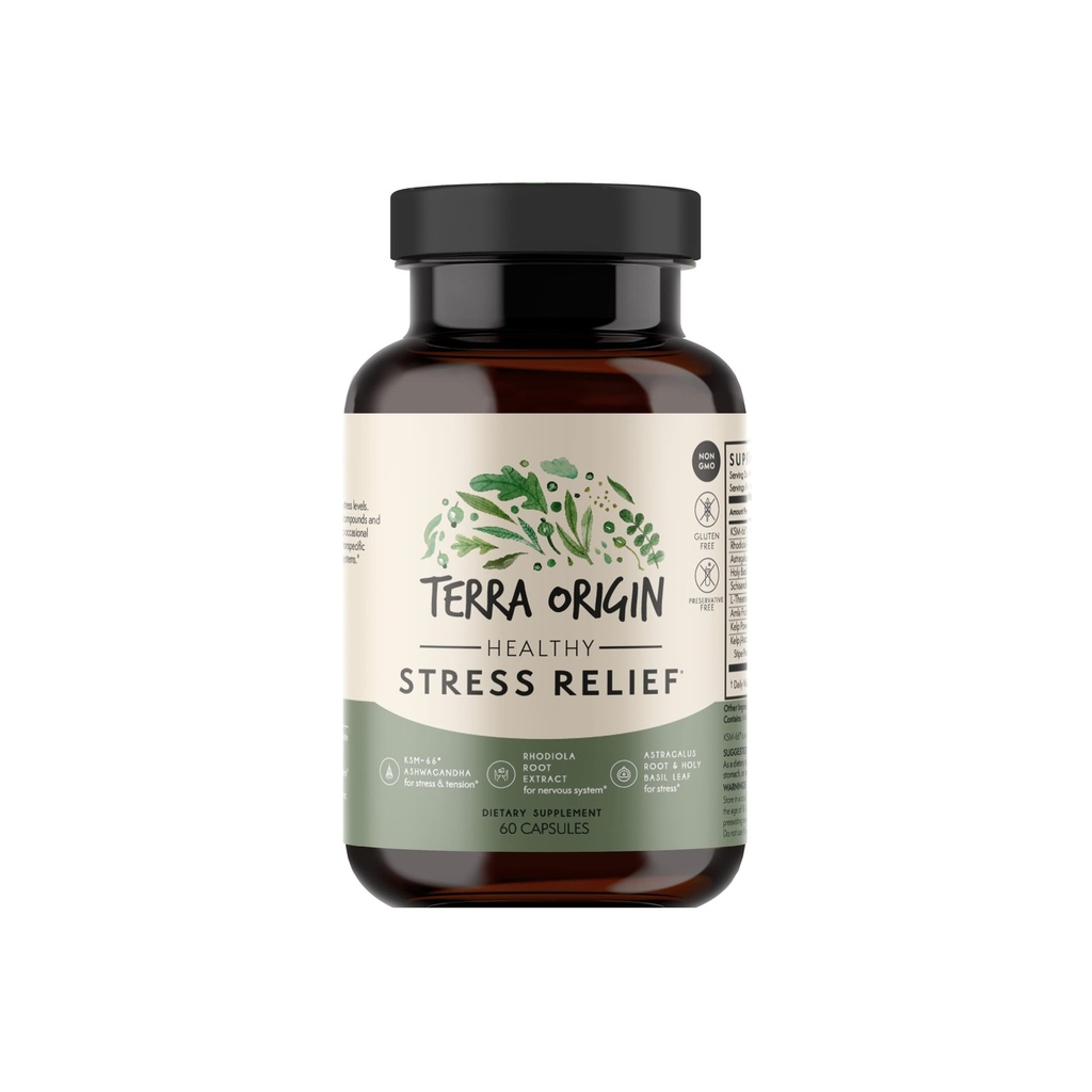 TERRA ORIGIN Healthy Stress Supplement TEN 60 Capsules TEN KSM-66 Organic Ashwagandha, L-Theanine, Rhodiola Extract, Astragalus Root and Holy Basil TEN Stress and Mood Support