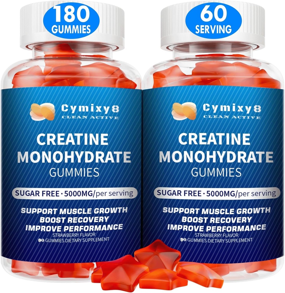 Cretina Monohydrate Gummies 5g para Hombres &amp; Mujeres, 7100mg con Taurina Liposomal, BCAA, Alpha GPC, B12, Cretina Monohidratos para Crecimiento Musculo, Flavor de Fresa, 180Count