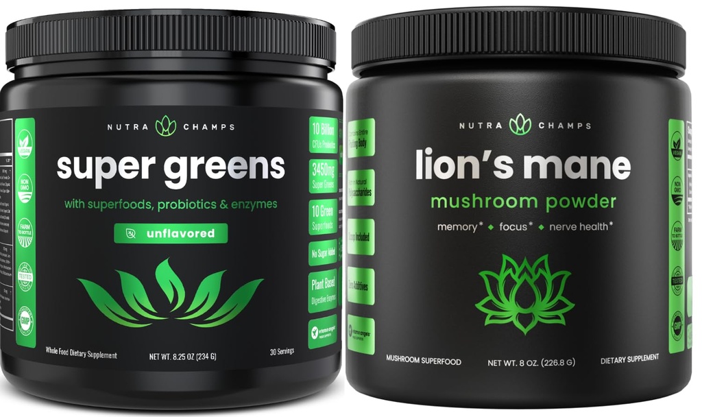 NutraChamps Super Green Unflavored &amp; Lion's Mane Powder. Greens " Adaptogen Bundle