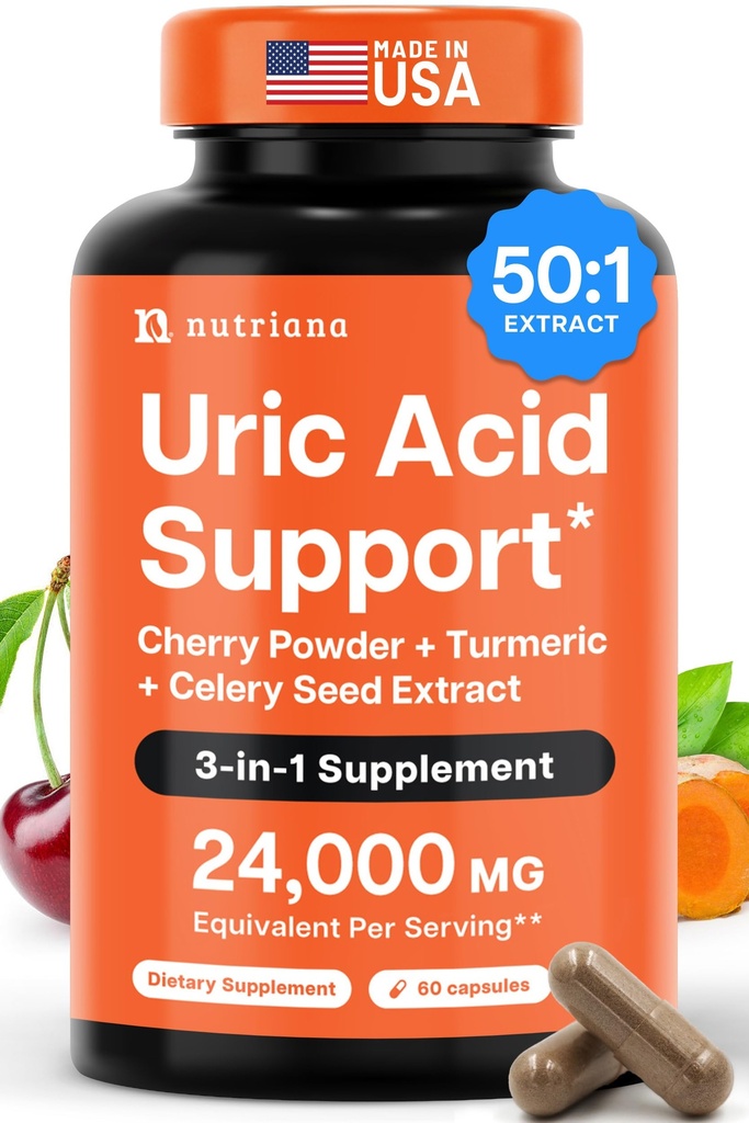 3 en 1 Uric Acid Flush Cleanse – Tart Cherry Extract with Turmeric " Celery Seed Supplement Purge - Feet and Joint Support - 60 Veggie Capsules