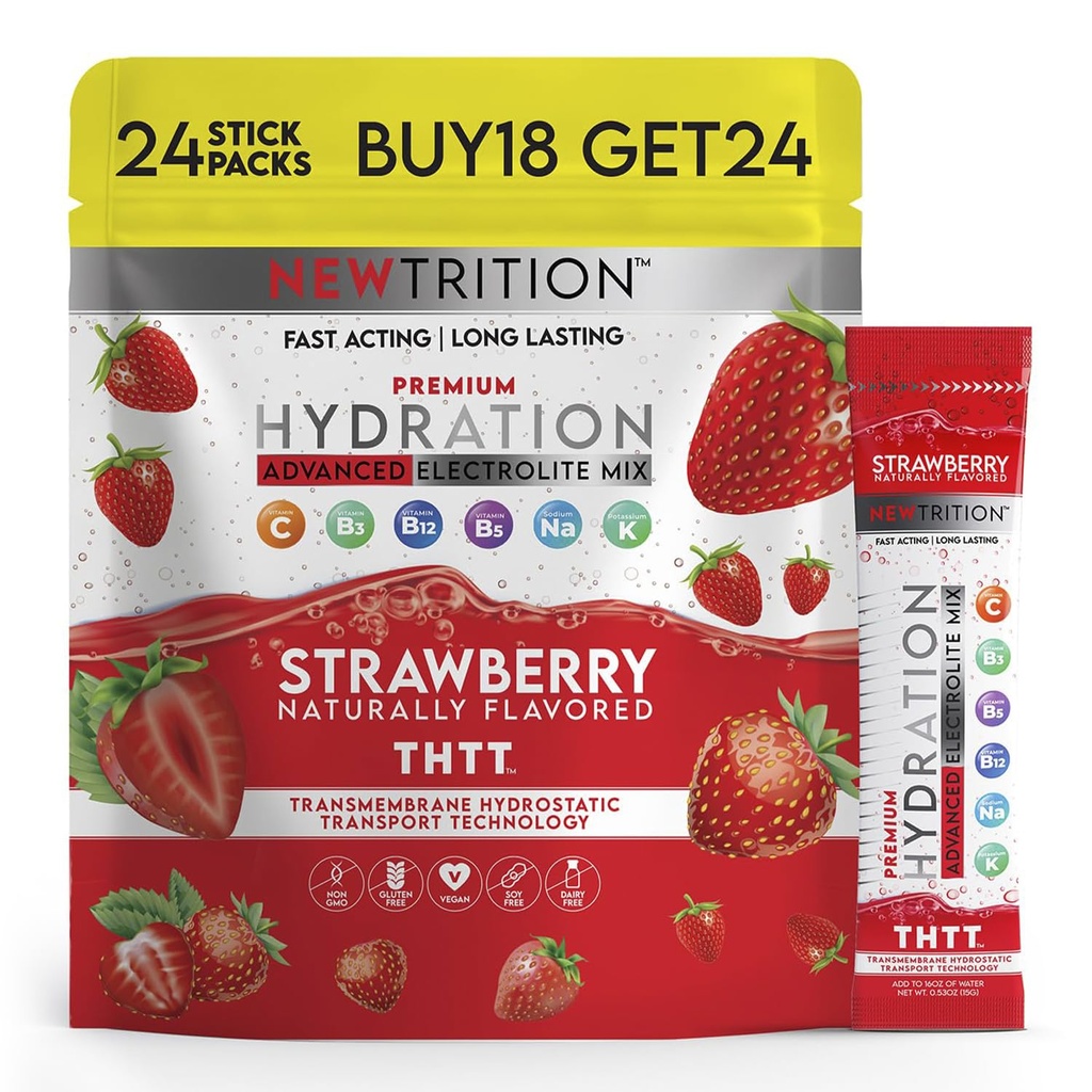 Hydration Powder, Strawberry Pack of 24 Electrolyte Powder Packets, Naturally Flavored Hydrating Packets for Water, Fast Acting Hydrate Electrolytes with Vitamins B angularC, Energy &amp; Recovery